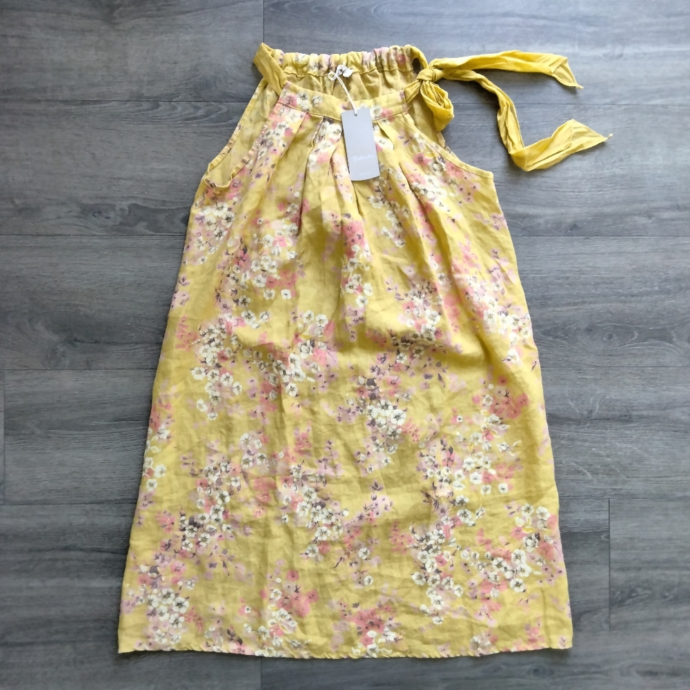 Bellambra Italian Linen Halter Neck Bow Tie Floral Dress Sz S Mustard Yellow NWT